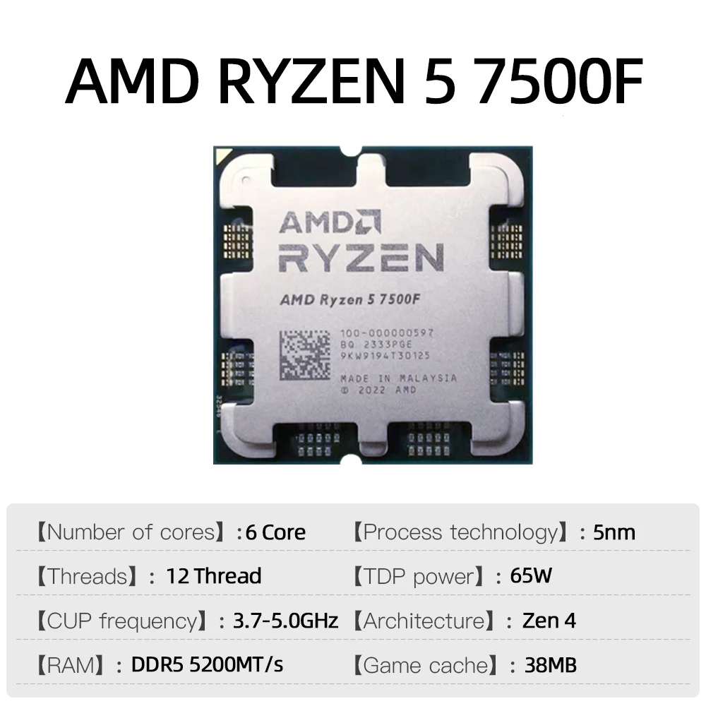 AMD Ryzen 5 7500F Brand New RYZEN 7500F Processor Desktop PC Gamer CPU Up to 5.0 GHz 6-Core 12-Thread 38MB Game Cache Socket AM5