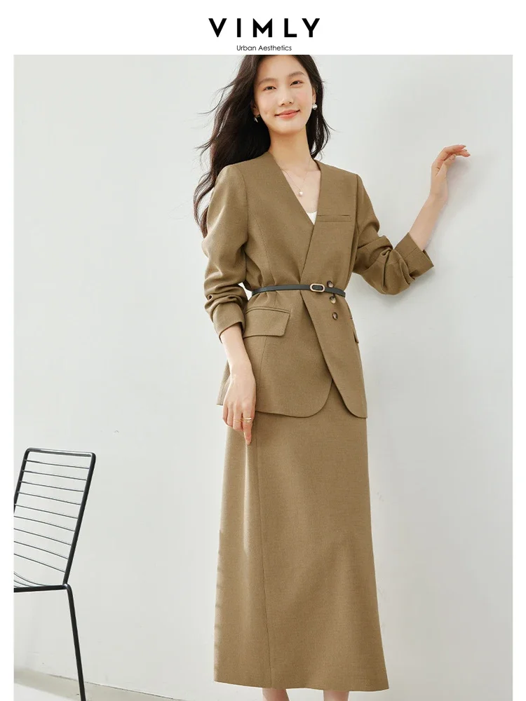 Vimly 2024 Spring Outfits Blazer Skirt 2 Pieces Sets for Women Elegant Fashion Matching Sets Jacket Split Skirt Suit with Belt