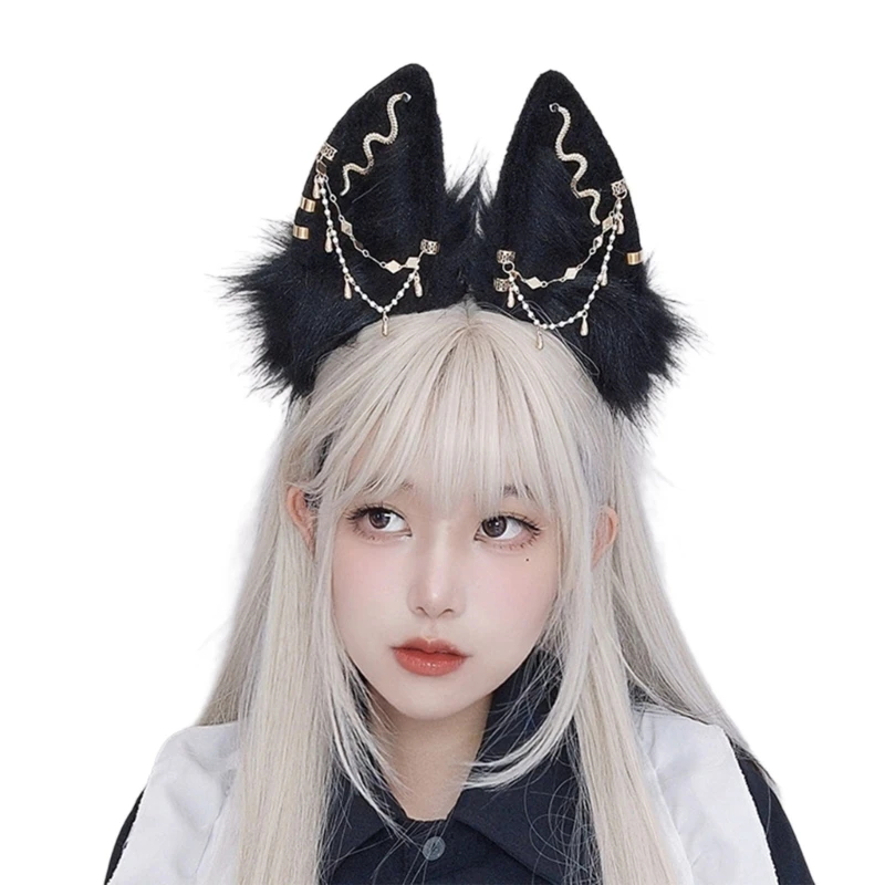 Christmas Performances Foxes Ear Hairband with Alloy Earring Decor Foxes Ear Headbands Gothic Cartoon Hair Hoop