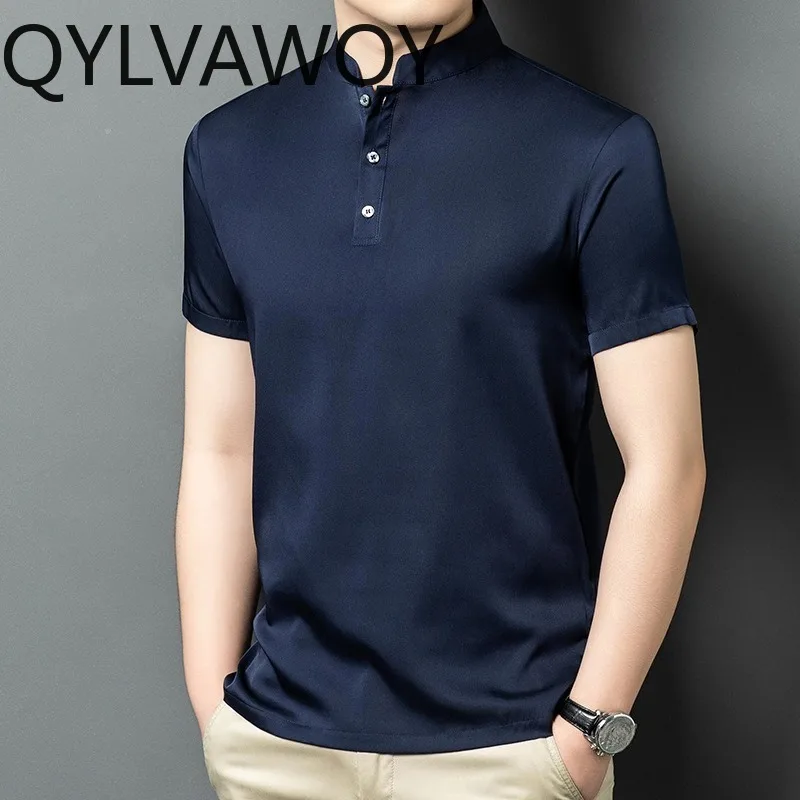 QYLVAWOY 100% Mulberry Silk Man T Shirt Short Sleeve Men's Shirts Stand Collar Shirt Thin T Shirt Uomo Summer Tops Breathable