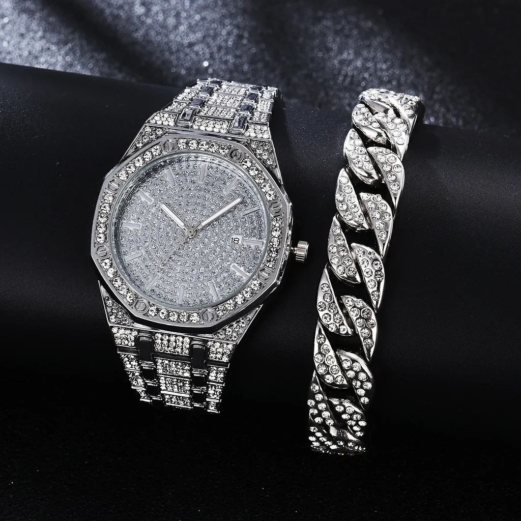 Luxury Watch for Men Women Big Gold Cuban Chain Bracelet Iced Out Clock Hip Hop Jewelry Set Golden Miami Rhinestone Gifts Reloj