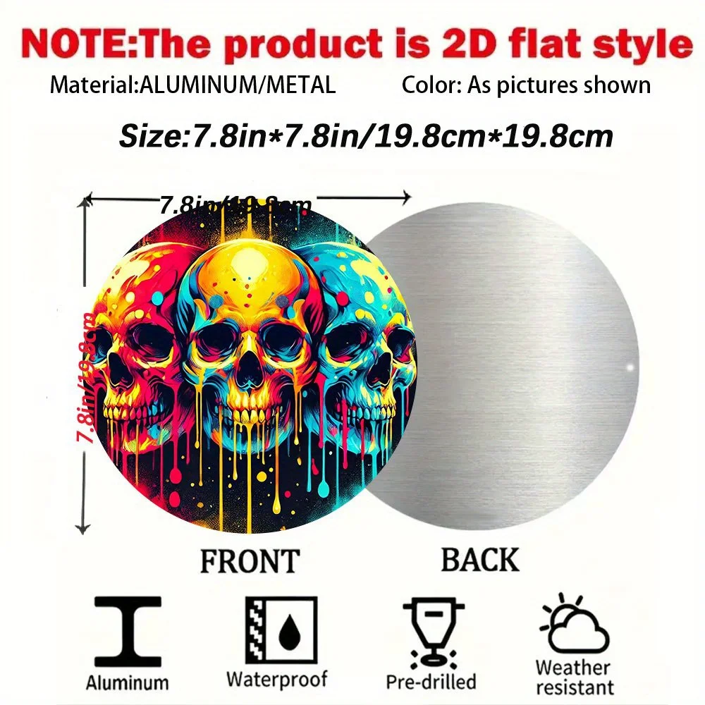 Gothic Wall Art Round Metal Panel - 20cm Skull & Crossbones Tattoo Decoration Suitable for Rock Bars, Bedrooms, Study