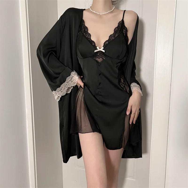 Summer Lace Kimono Bathrobe Gown Set Sexy Twinset Robe Set Nightgown Lingerie Women Silky Satin Sleepwear Nightwear Loungewear