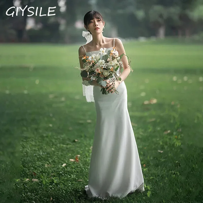 GIYSILE Open Back Minimalist Light Wedding Dress White Minimalist Suspender Long Dress Slimming New Bride Dress Evening Dresses