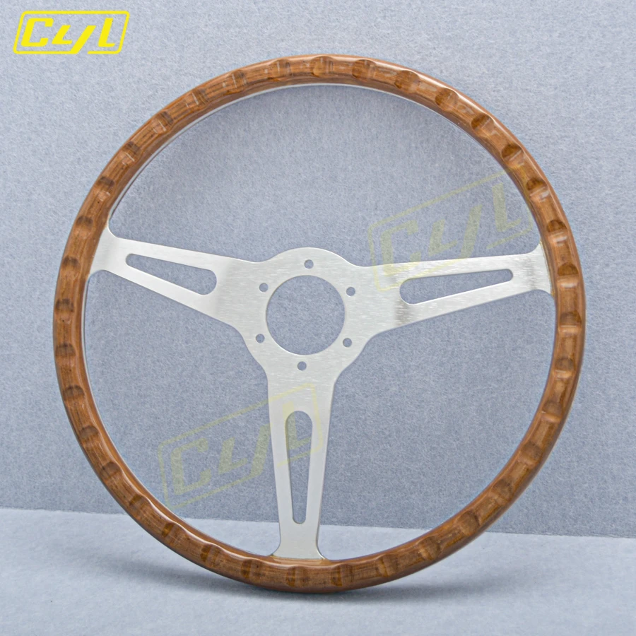 CYL 15inch Classic Real Wood Steering Wheel Silver Spoke Vintage Grain Wood Steering Wheel With Rivet