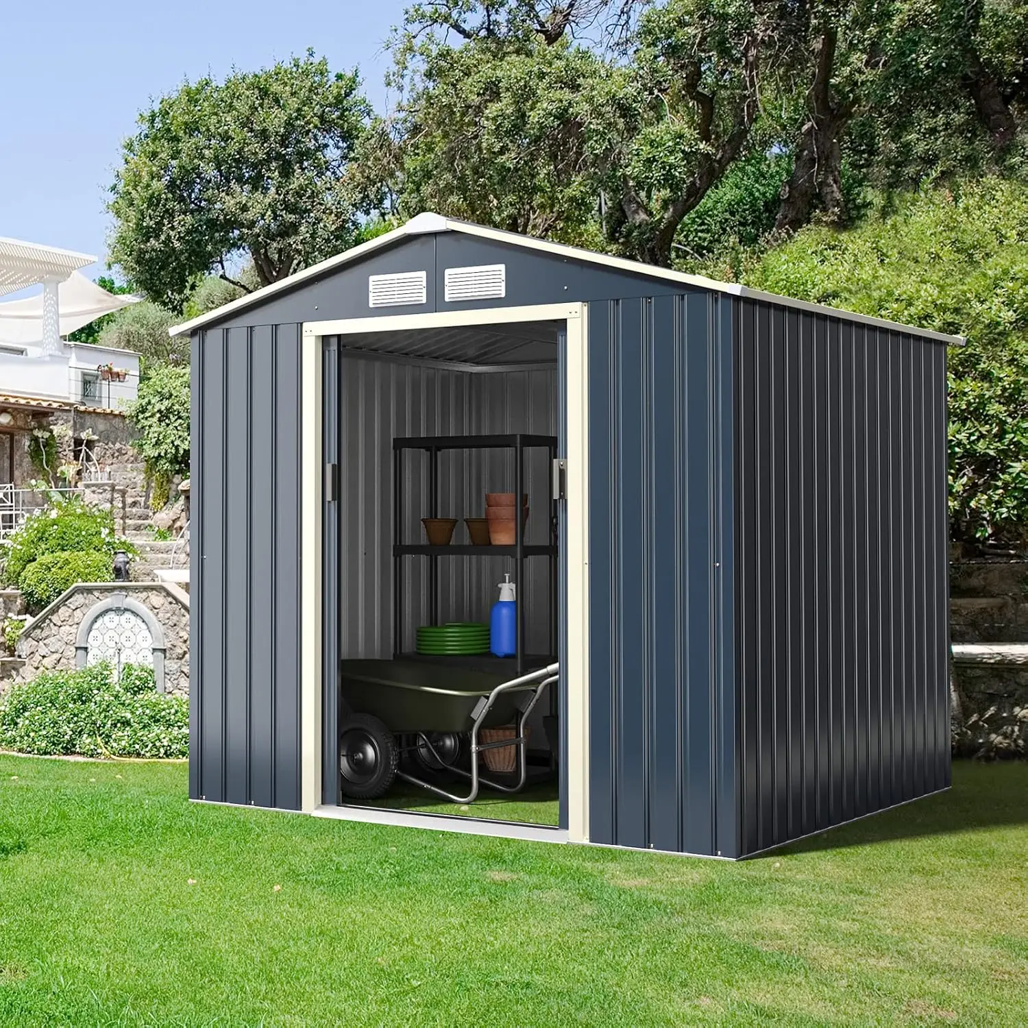 Metal Outdoor Storage Shed 7'x6' with 4 Vents & Double Sliding Door for Garden Backyard Farm, Customized