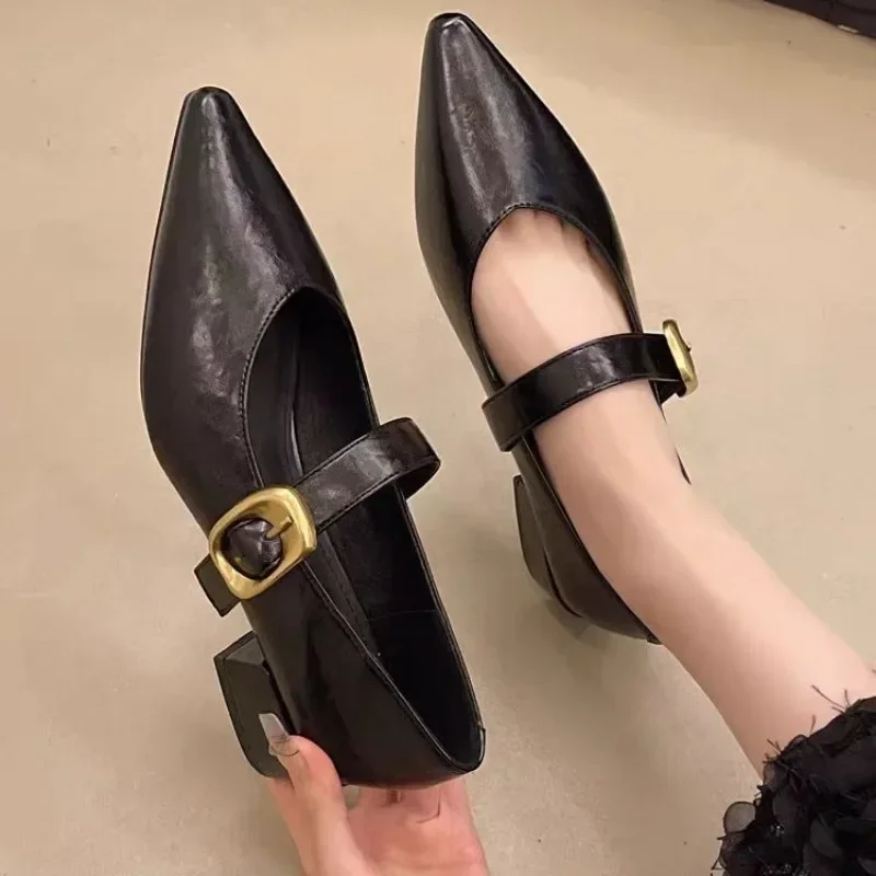 أحذية السيدات 2025 رائجة البيع مشبك حزام المرأة عالية الكعب موضة الضحلة مكتب أحذية كعب منخفض مثير أشار تو الكعوب النساء