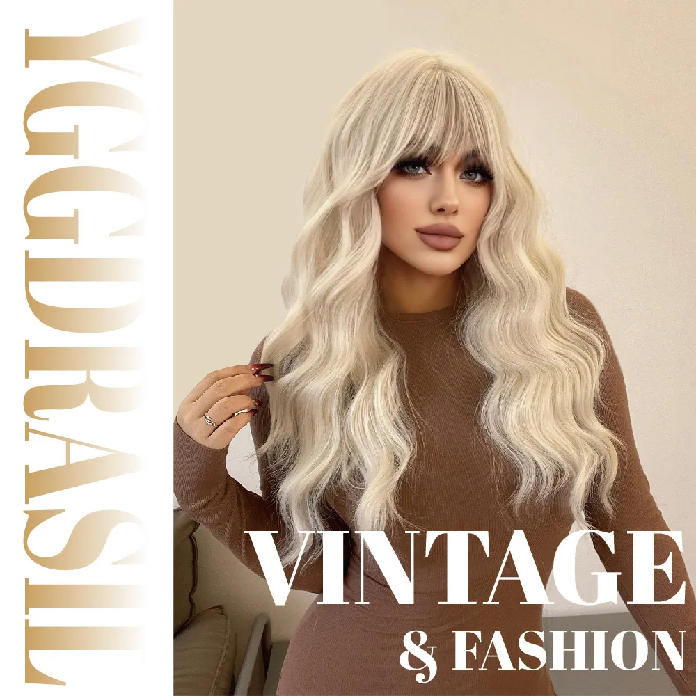 24Inch Vintage Style Blonde Synthetic Wigs With Bangs Medium Natural Wavy Hair Wig For Women Daily Use Cosplay Heat Resistant