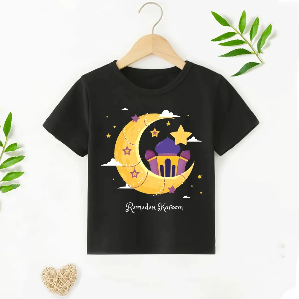 Ramadan Kareem & Mond-Print Kinderkleidung Jungen Mädchen T-Shirt Eid Mubarak Kinder-Shirts Kleinkind Islamisches Muslimisches Festtagsoutfit 2026 Top