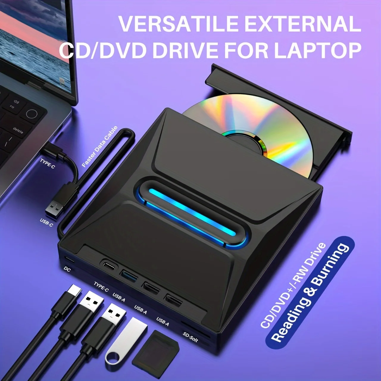 Новый светящийся внешний CD-DVD-привод 3 USB 3.0, портативный концентратор для CD/DVD+/-RW/DVD-плеера типа C со считывателем SD-карт, записывающее устройство для компакт-дисков и ПЗУ