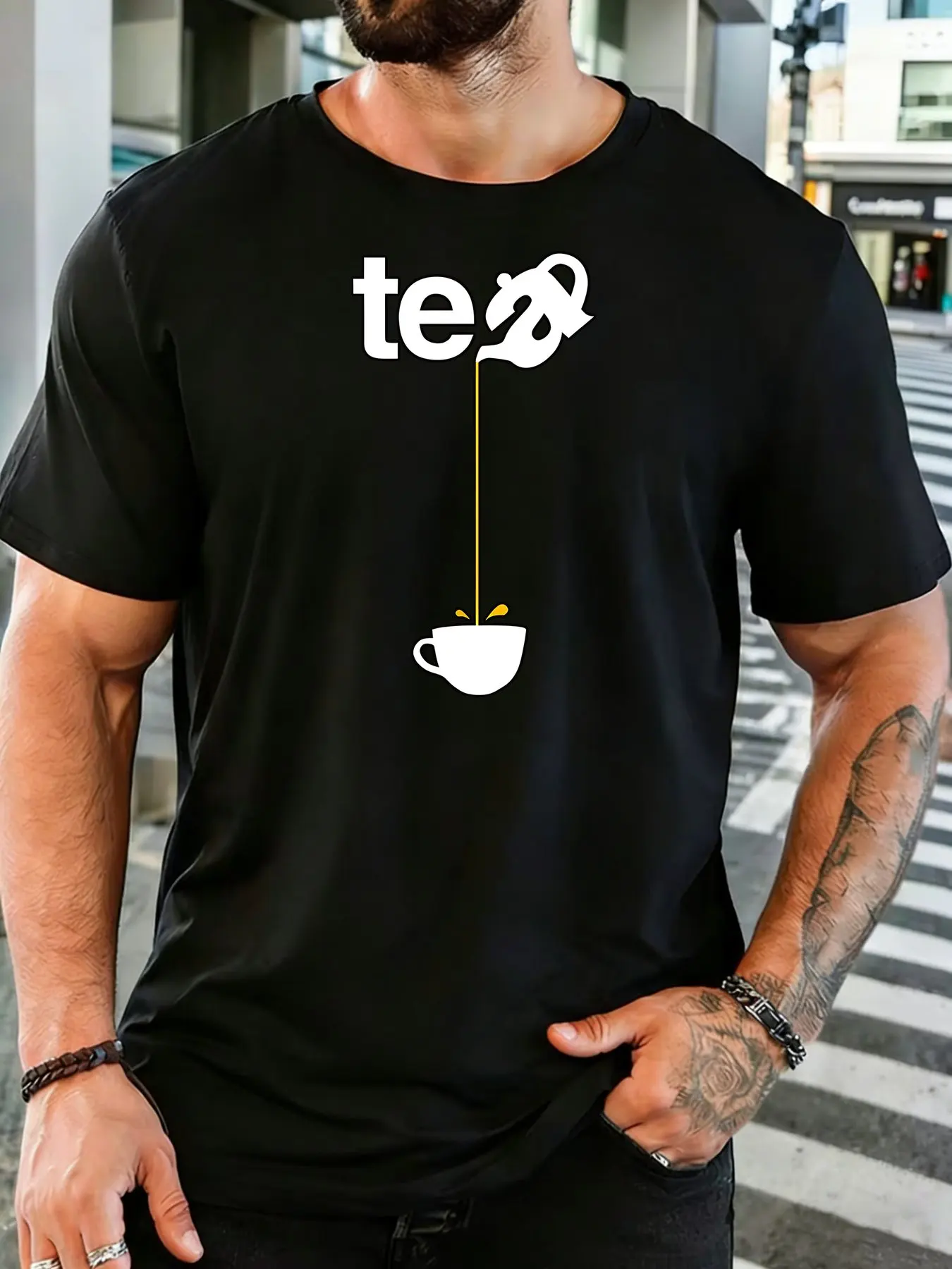 Minimal Tea Pot Cup Letter Graphic Mens Soft Cotton Round Neck Short Sleeve Tshirt Loose Tea Lover Casual Daily Streetwear Tee