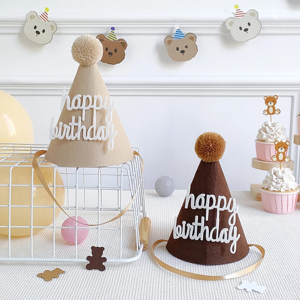 Birthday Hat Kids Brown Coffee Bear Hat 1st 2nd 3rd Year Old Baby Cap The First One 2 3 Year Birthday Party Supplies Photo Props