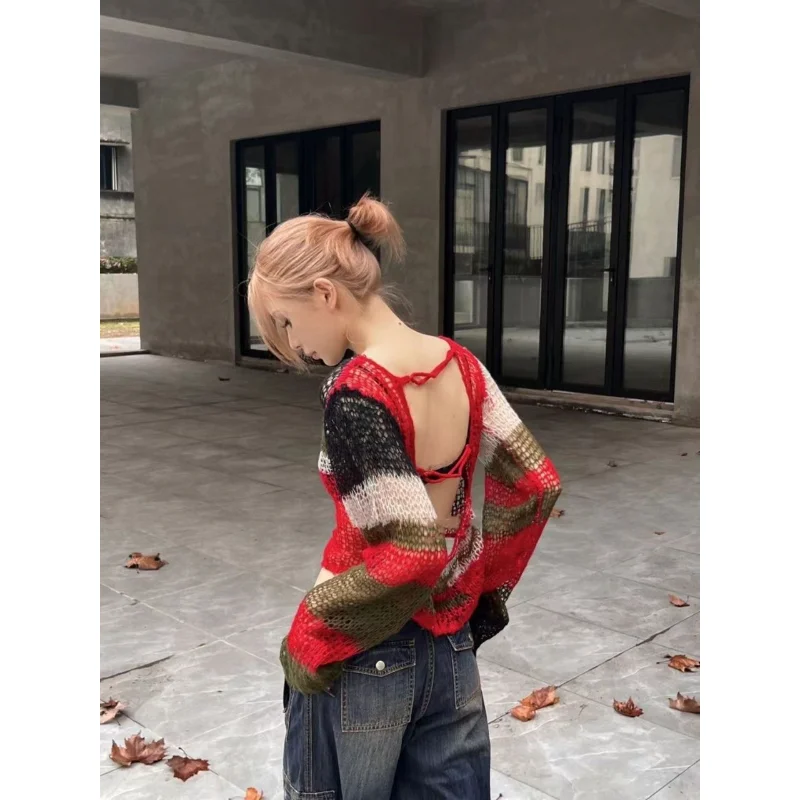 Deeptown Y2K Vintage Cropped distressed Sweater Women Korean Fashion Hollow Out Knitted Jumper Kpop Sexy Backless mesh Knitwear