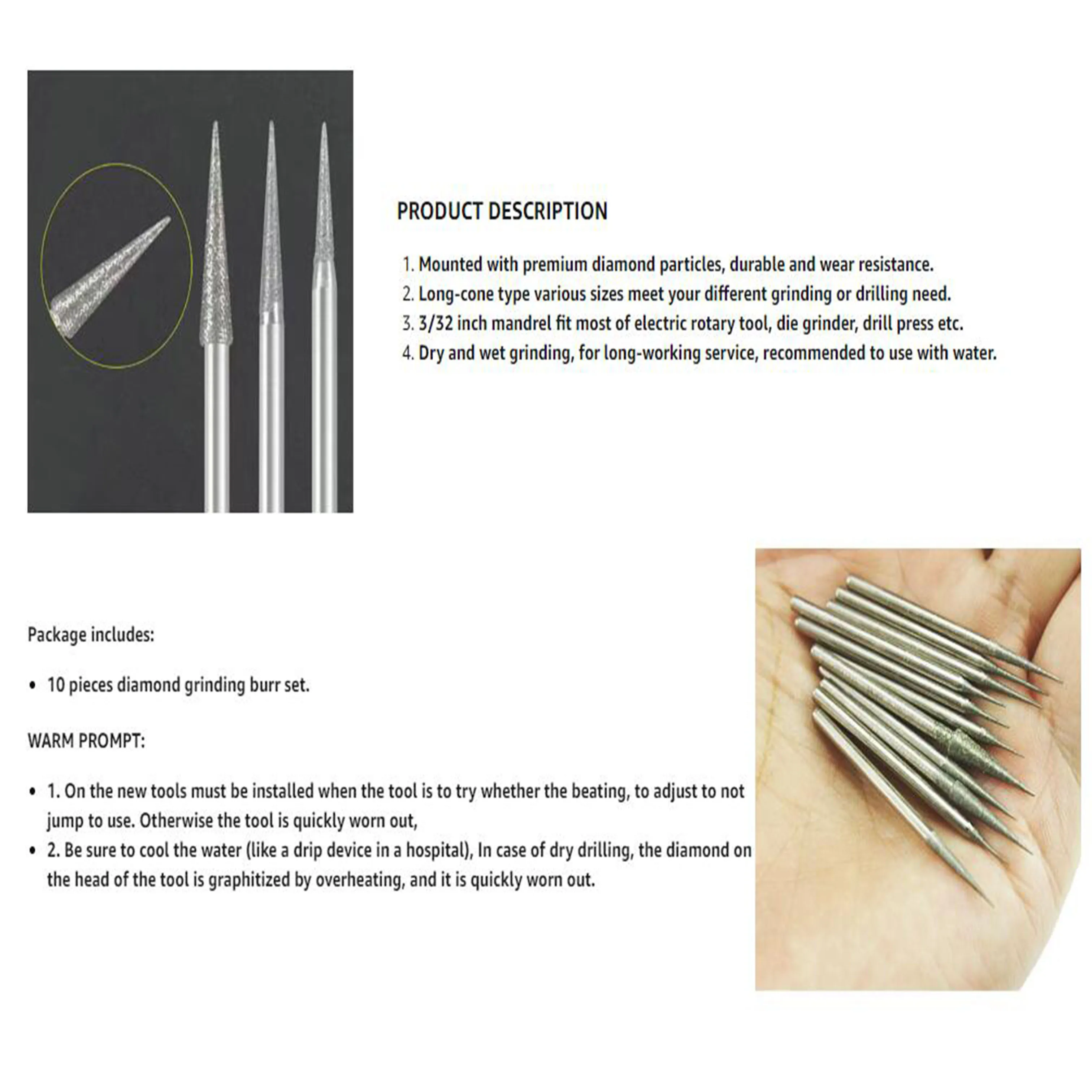 10Pcs Various Sizes Diamond Mounted Grinding Head Burrs Stone Carving Bits for Rotary Tools with 3/32" Shank(D Type Spiked Shape