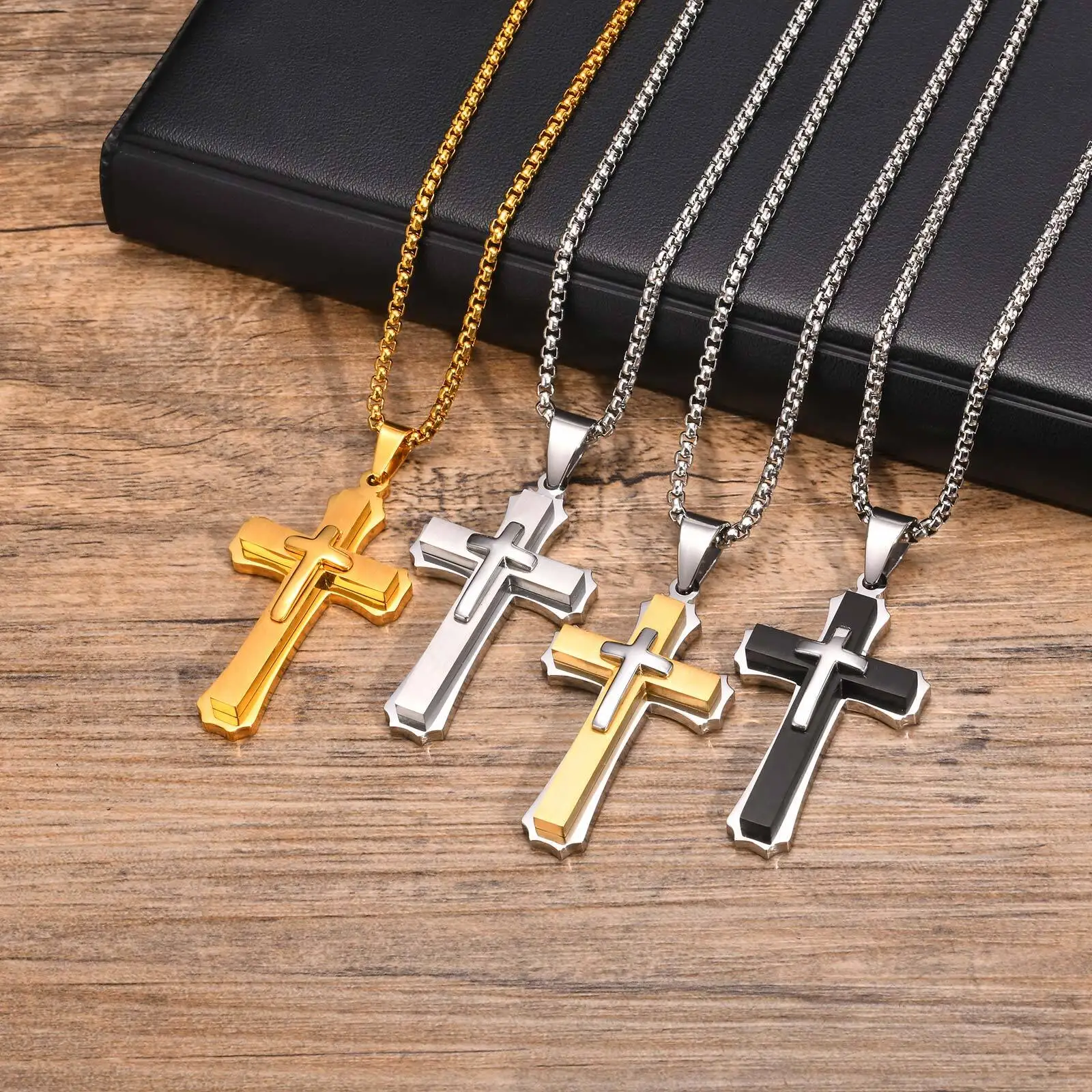 Vnox Chunky Three Layered Cross Necklaces for Men, Black Silver Color Stainless Steel Bold Faith Cross Pendant,Hip Hop Necklace