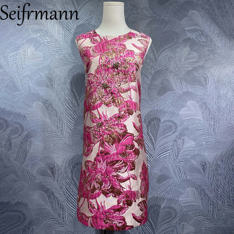 Seifrmann 2026 Summer Women's clothing New Fashionable Round Neck Sleeveless Nail Beaded Jacquard Dress