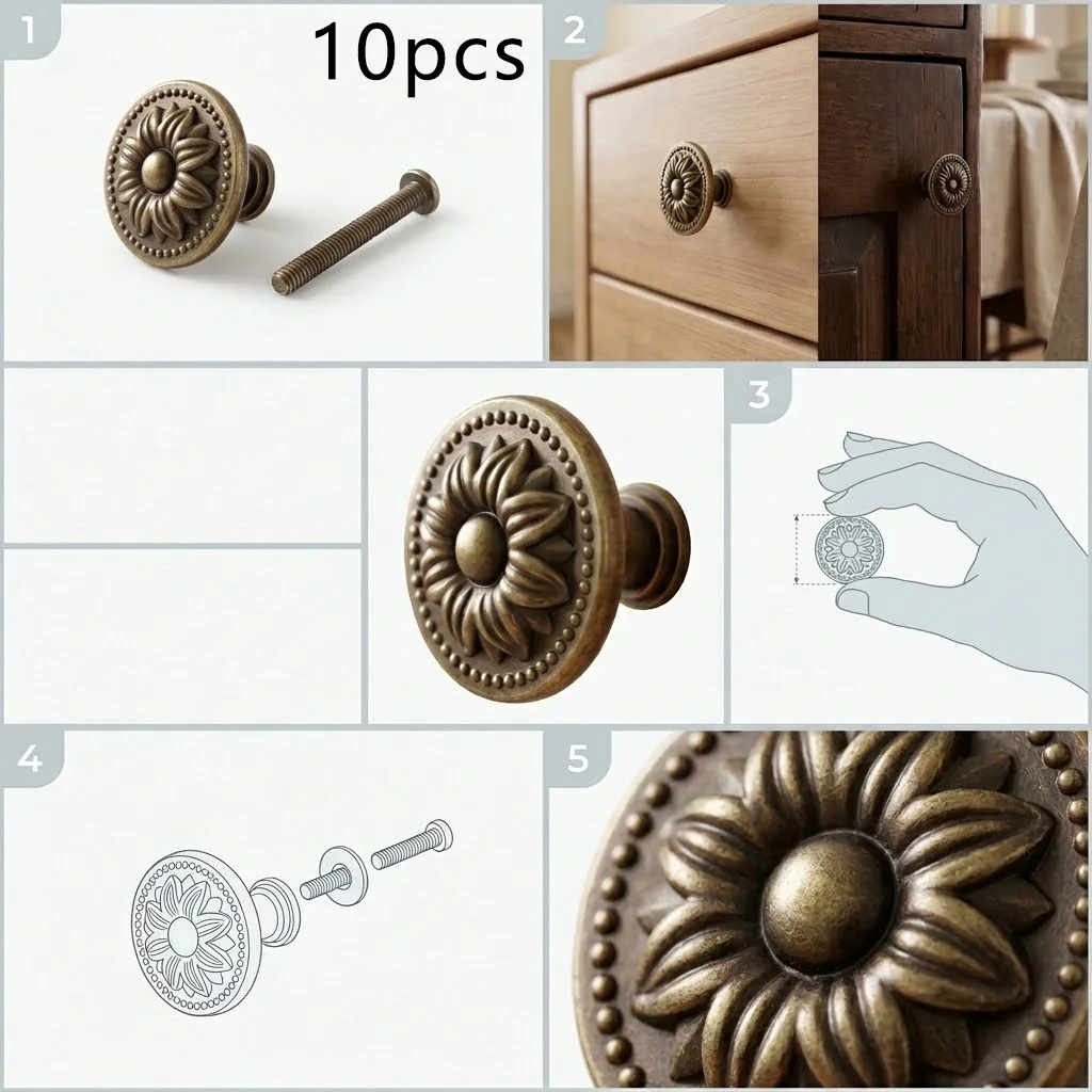 Antique Bronze Sunflower Cabinet Knobs 10 Knobs+10 Screws Total 20Pcs Vintage Single Hole Drawer Knobs