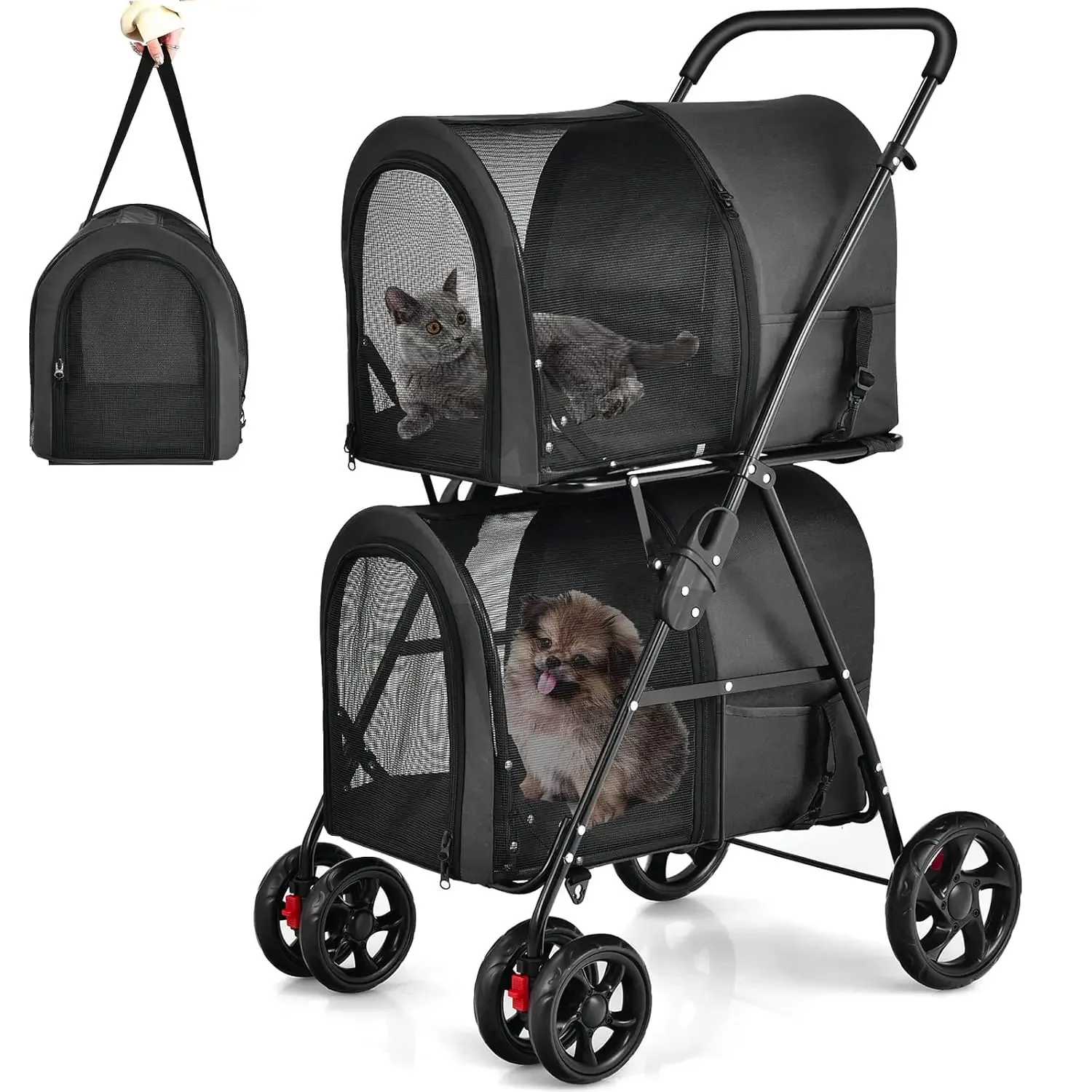 Double Pet Stroller with 2 Detachable Carrier Bags, Safety Belt, 4 Lockable Wheels Cat Stroller Travel Carrier Strolling Cart