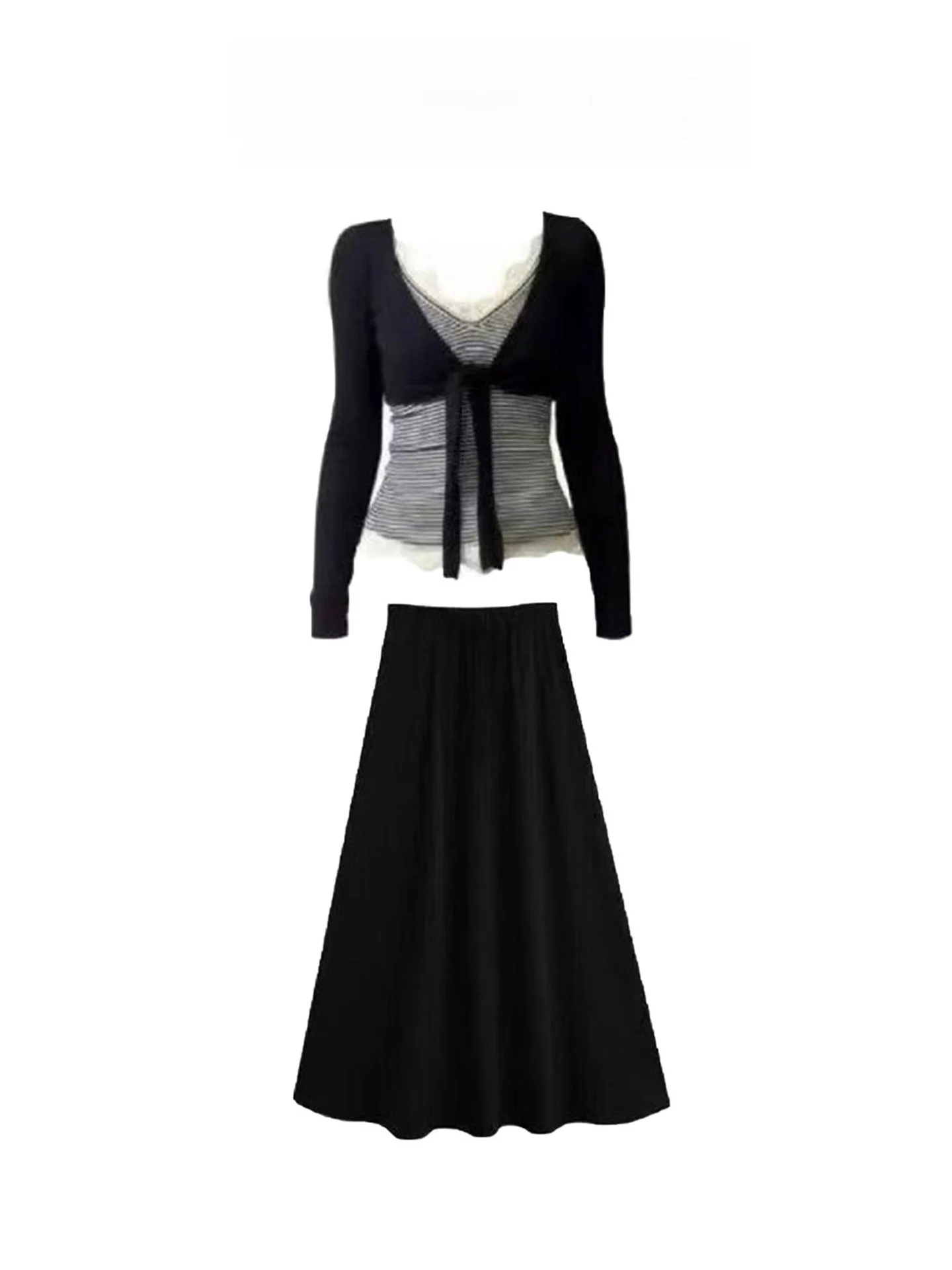 

2026 Trendy Women's Lace Striped Long Sleeve V-Neck Open Cardigan Skirt Set Three-Piece Casual Style High Waist Spring Fashion