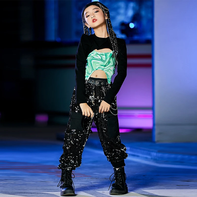 New Kids Hip Hop Dance Clothing Dye Tie Tops Shiny Sequins Pants Girls Jazz Dance Performance Stage Costume Rave Clothes VDB5200