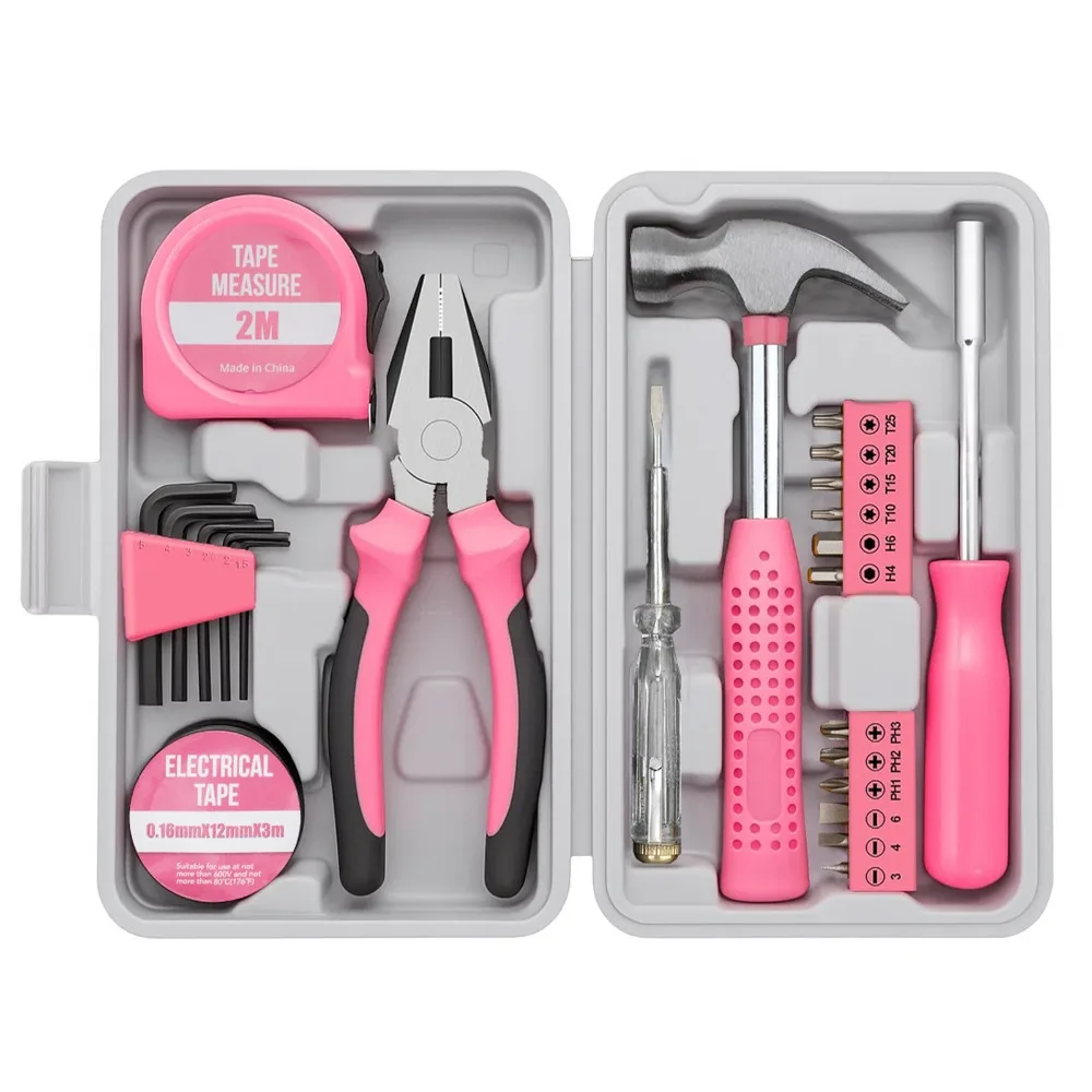 Pink Portable Hand Tools Combination Home Repair Tool Kit with Hammer Vise Wrench Screwdriver for DIY and Car Emergency