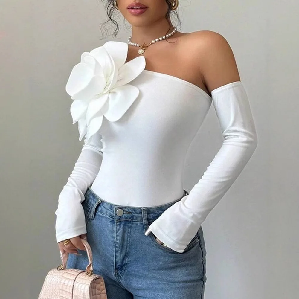 Dameskleding Nieuwe driedimensionale bloemdecoratie Off-shoulder topblouse met lange mouwen T-shirts