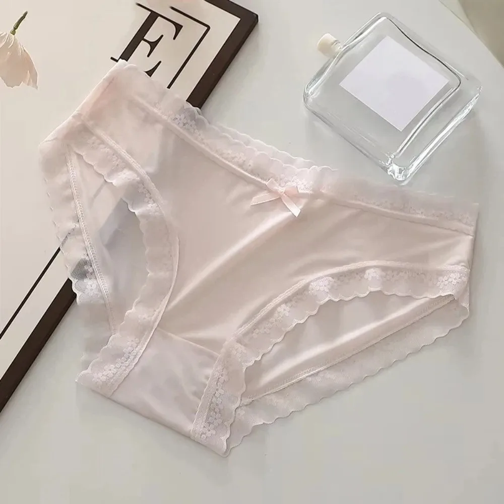 Seamless Ice Silk Panties Cotton Crotch Mid Waist Lace Bow Briefs Female Lingerie Underwear Women's Summer Panties Daily