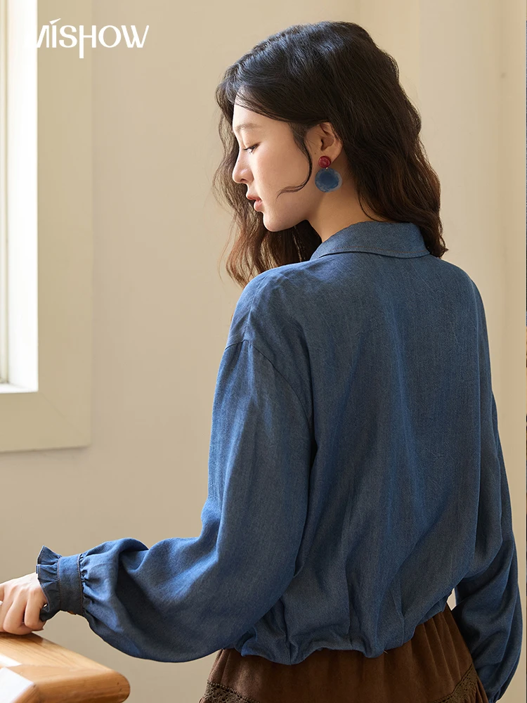 MISHOW Blue Lyocell Imitation Denim Shirt for Women Autumn 2025 Ruffled Placket Contrasting Button Waist Cinc Shirt MXE43C2386