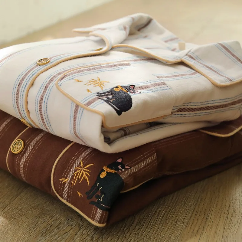 

Осенний комплект домашней одежды из фланели в полоску из чистого хлопка для пар, простой повседневный дизайн с длинными рукавами, верхние брюки, удобные комплекты из 2 предметов