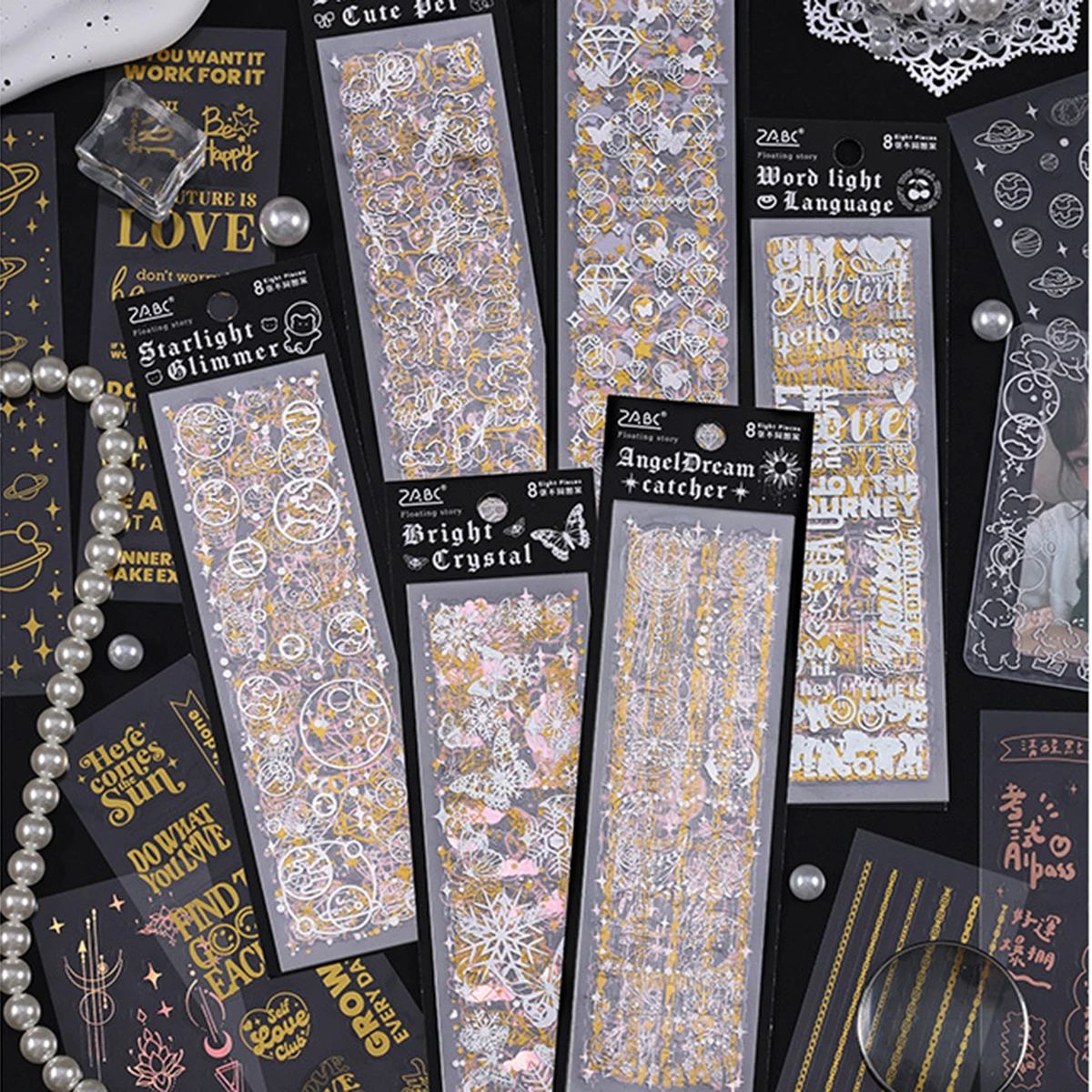 8pcs Multi-pattern Transparent Sticker Set,Waterproof PET Material Stylish Decorative Stickers,For Phone Cases,Cards,And Journal