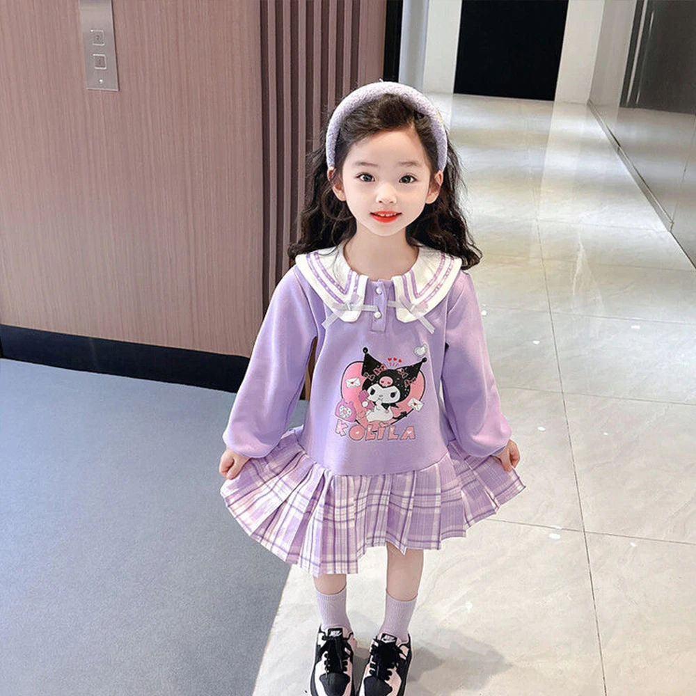 Anime Children Lapel Hoodie Tops Pleated Skirt Sanrios 2024 New Kuromi Cute Fashion Colleges Style Dress Kawaii Princess Dress