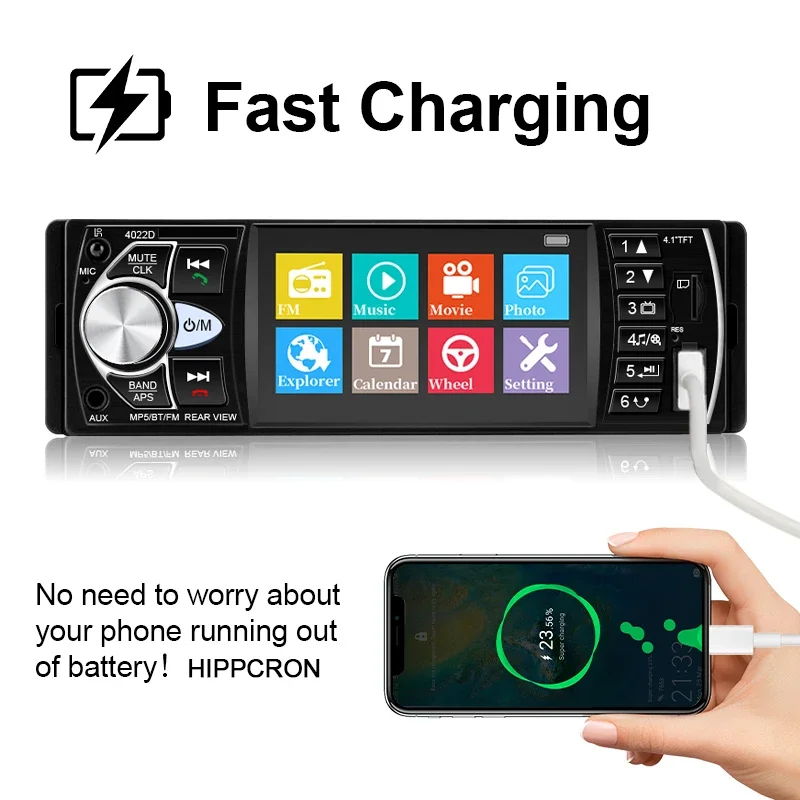 HIPPCRON 1DIN Autoradio Stereo 4,1 Zoll MP5 Bluetooth 5.0 FM USB-Player mit Unterstützung für Rückfahrkamera und Lenkradsteuerung ohne Touchfunktion – Detail 6