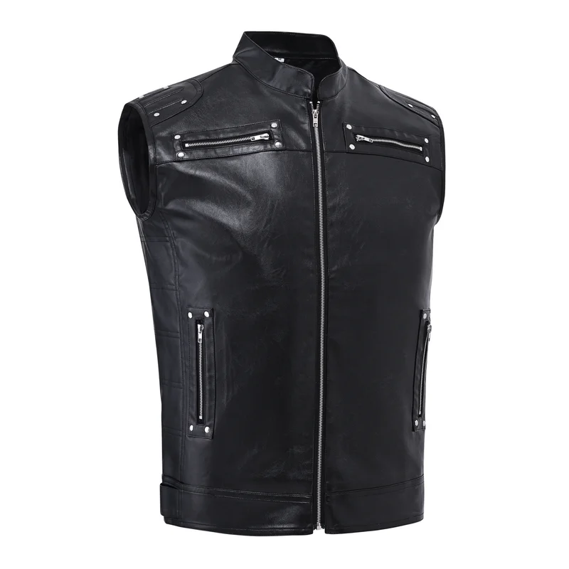 Men's Faux Leather Biker Vest Fashion Solid Color Motorcycle Rider Waistcoat PU Sleeveless Leather Jacket For Male