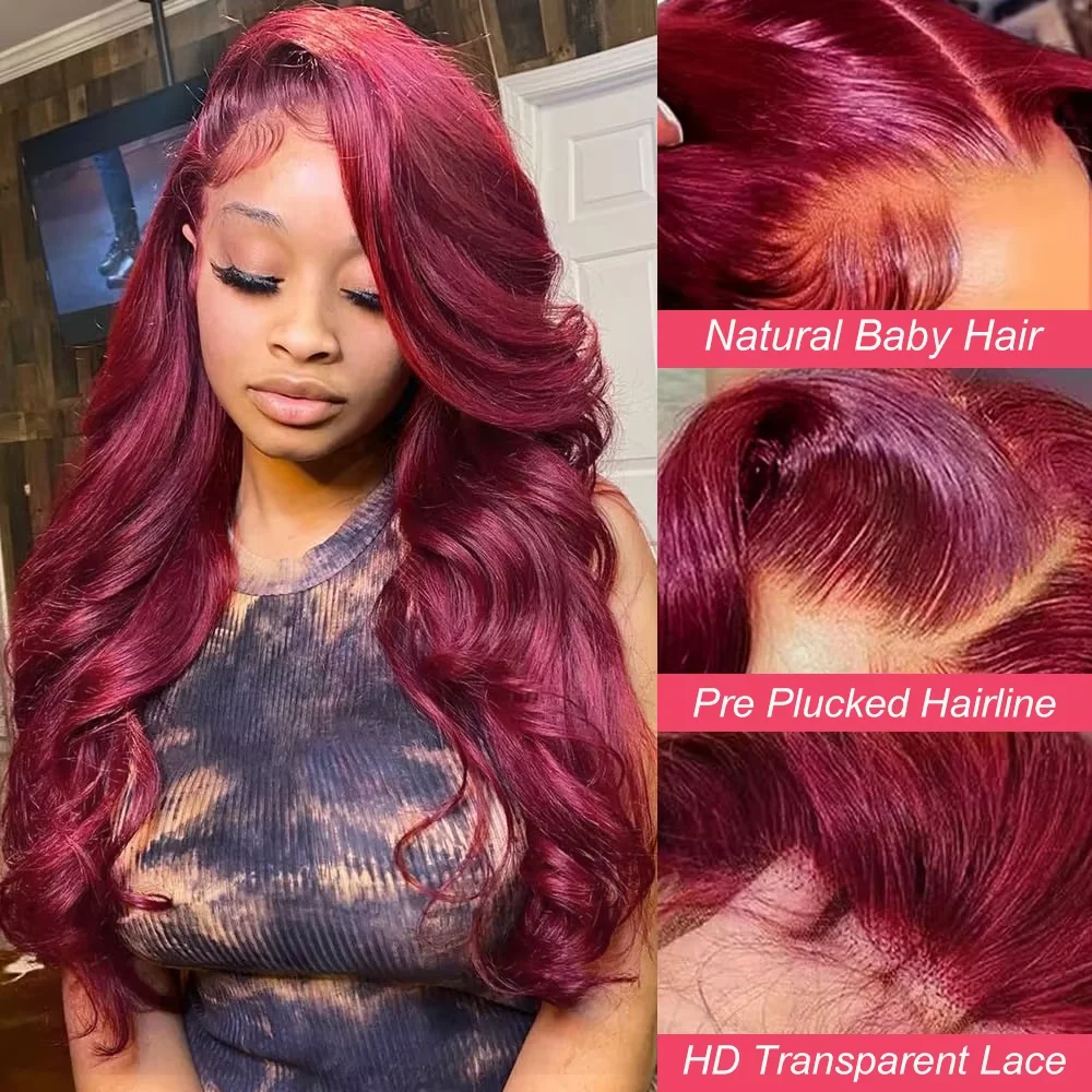 99J Dark Burgundy Colored Body Wave With Bangs Human Hair Wig 13x6 Lace Frontal Wig 13X6 Red Lace Front Human Hair Wigs 13X4 Burgundy 99J Lace Front Wigs Pre Plucked Black Women view 6