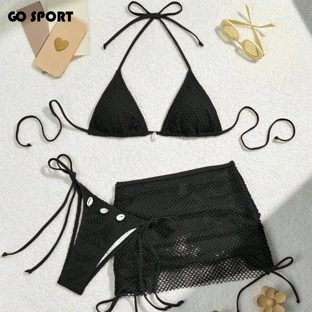 

Модный сетчатый комплект купальников 3 в 1, облегающий купальный костюм бикини на шнуровке с глубоким V-образным вырезом, пляжная одежда, купальник без рукавов, отпуск
