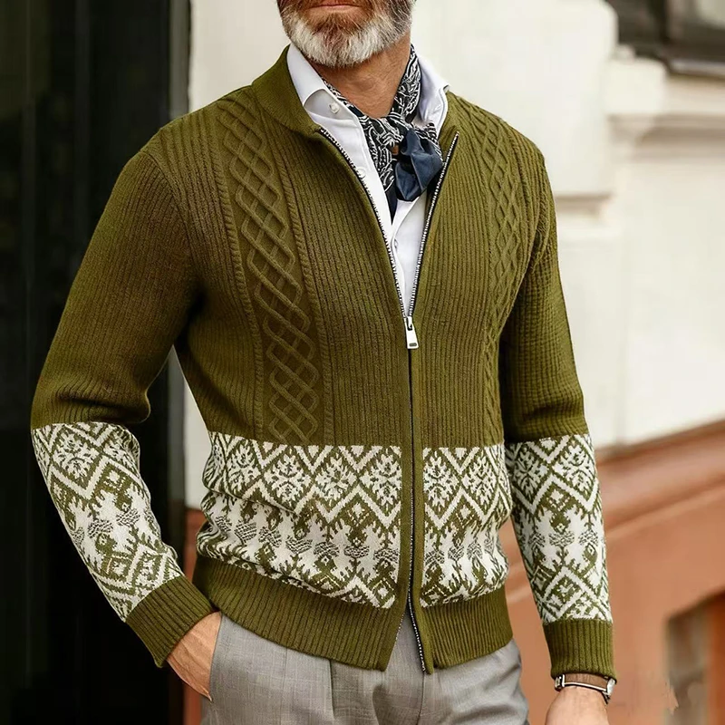 Men Long Sleeve Sweater Coat New Arrival 2026 Spring Vintage Stand Collar Geometric Pattern Male Casual Knitted Cardigans N034