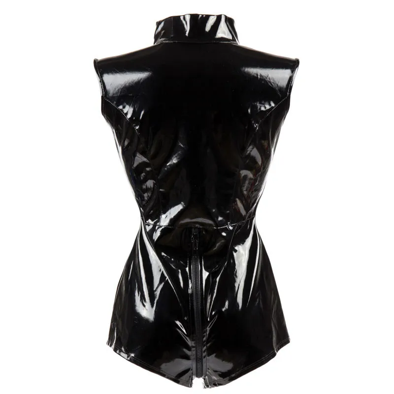 Sexy Zip otwarte krocza błyszczące lateksowe body z PVC Wetlook Faux Leather Catsuit dla kobiet bielizna erotyczna bez rękawów Bodycon Romper