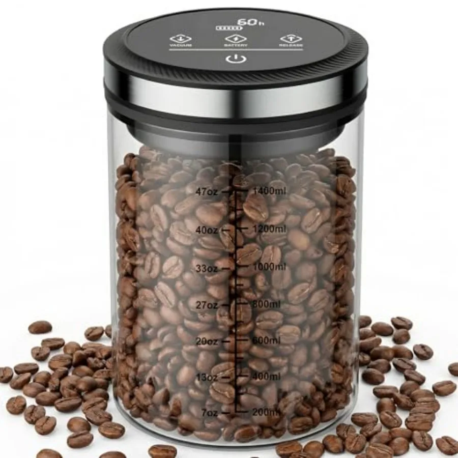 

Automatic Vacuum Coffee Canister Airtight Coffee Container with Graduated Scale and Vacuum Duration Display. Features Transpare