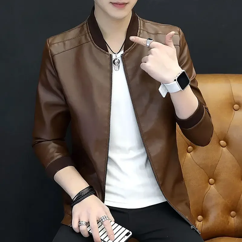 Brown Casual Men\'s Suit Jackets Trendy 2025 Korean Style Clothes Male Leather Blazer Single Models Luxury Designer Menswear Coat