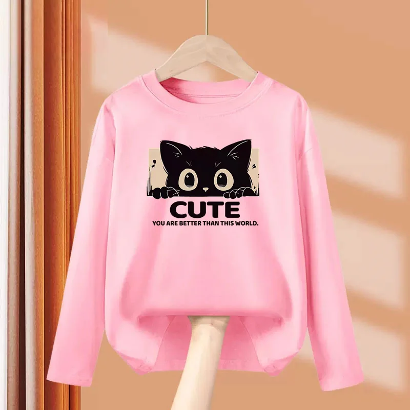 Rundhals-Baumwoll-T-Shirt für Kinder, Kleider mit niedlichem Kätzchen-Muster für Babys, langärmelige T-Shirts
