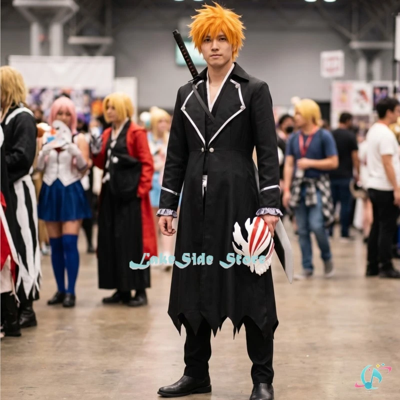 Halloween Bleacch Ichigo Cosplay Coat Kurosaki Trench Black Long Cloak + Hollow Mask + Wig, Anime Manga Suit