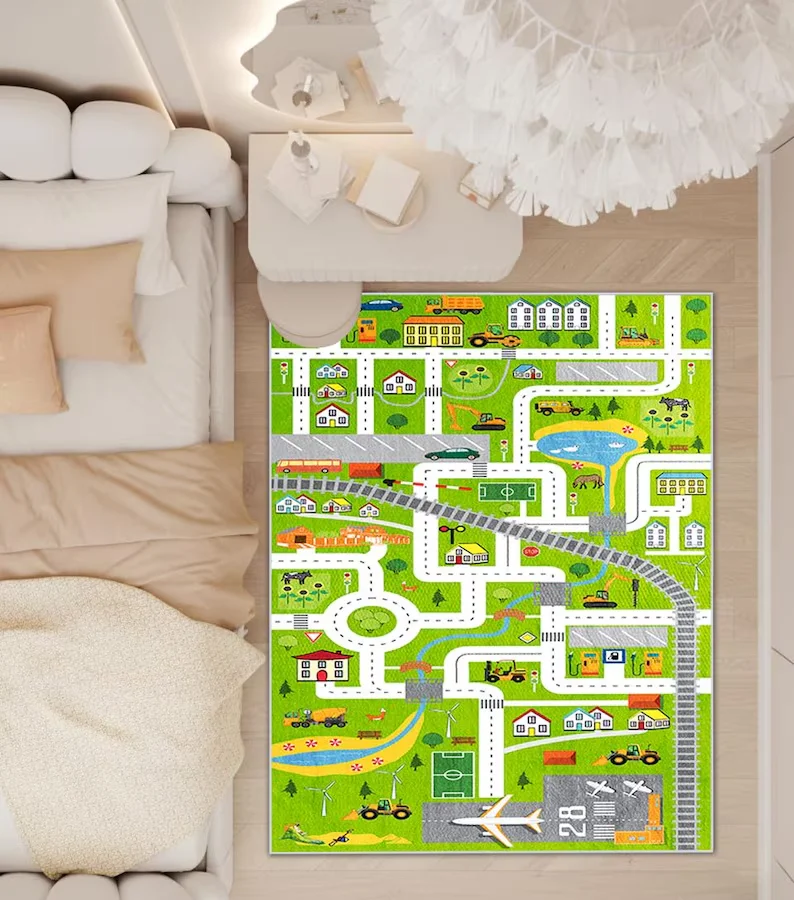 City Road Map Play Mat Soft Cotton Children Rug Map Play Mat Kids' Room Rug Non Slip Soft Floor Carpet Living Room Bedroom Decor