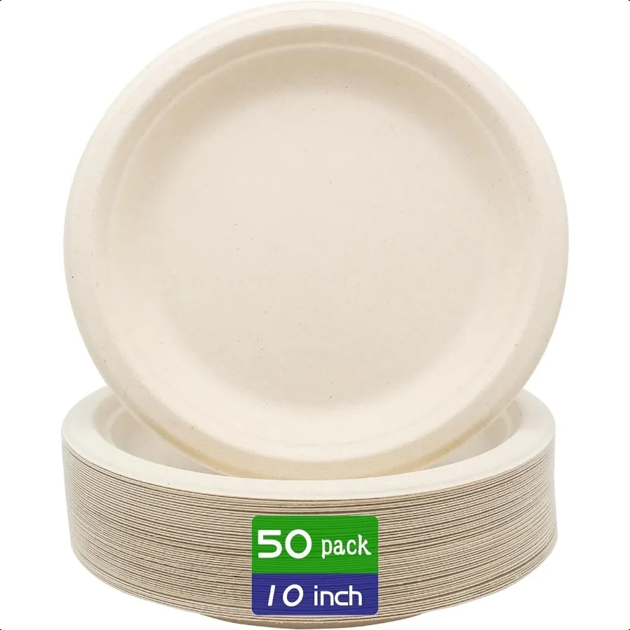 

Compostable Paper Plates Heavy Duty Waterproof 50 Pack 10 inch EcoFriendly Biodegradable Sugarcane Bagasse Dinner Plates