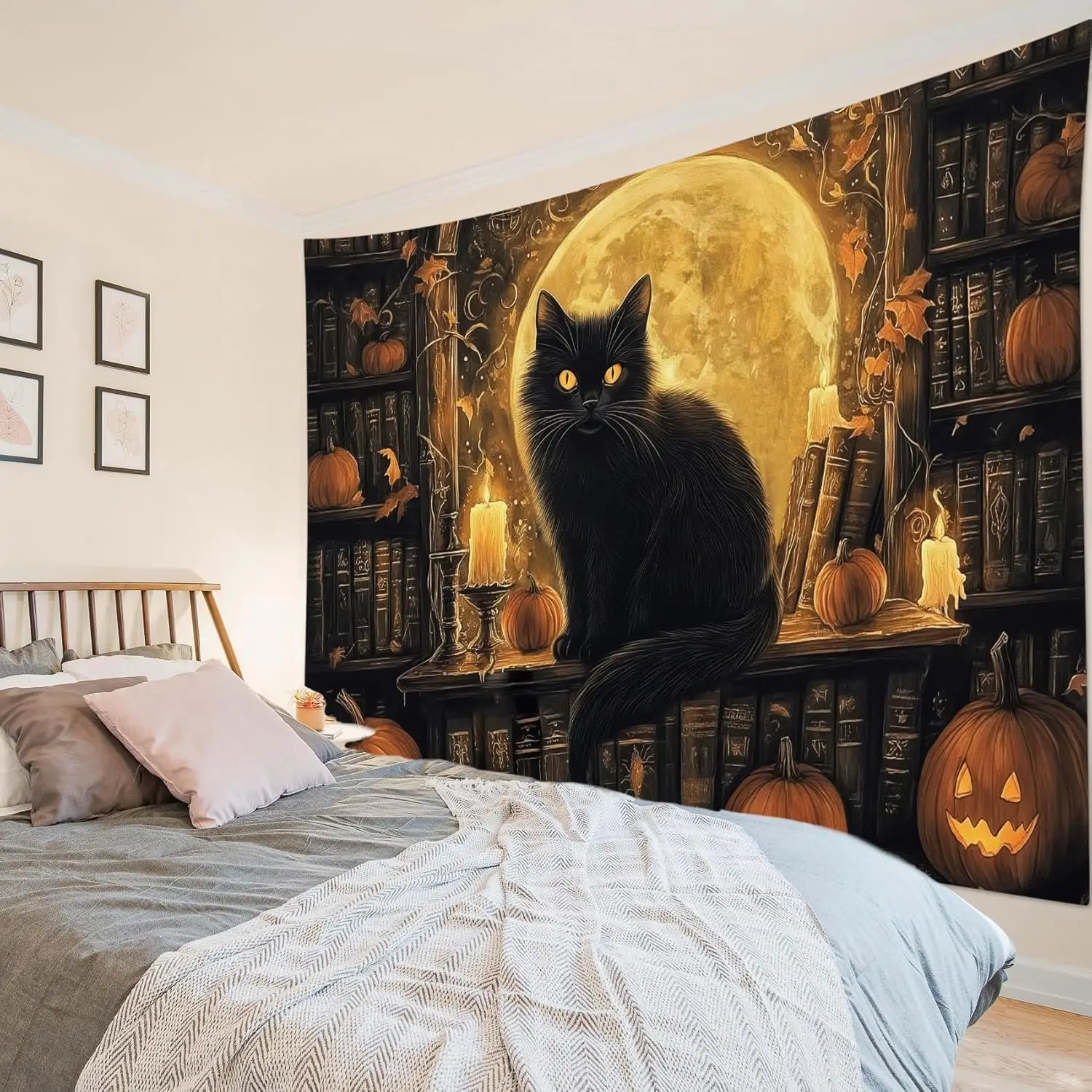 هالوين القط الأسود نسيج السحرية خمر رف الكتب اليقطين البدر نسيج لغرفة النوم مخيف القوطية جدار ديكور فني ل #4