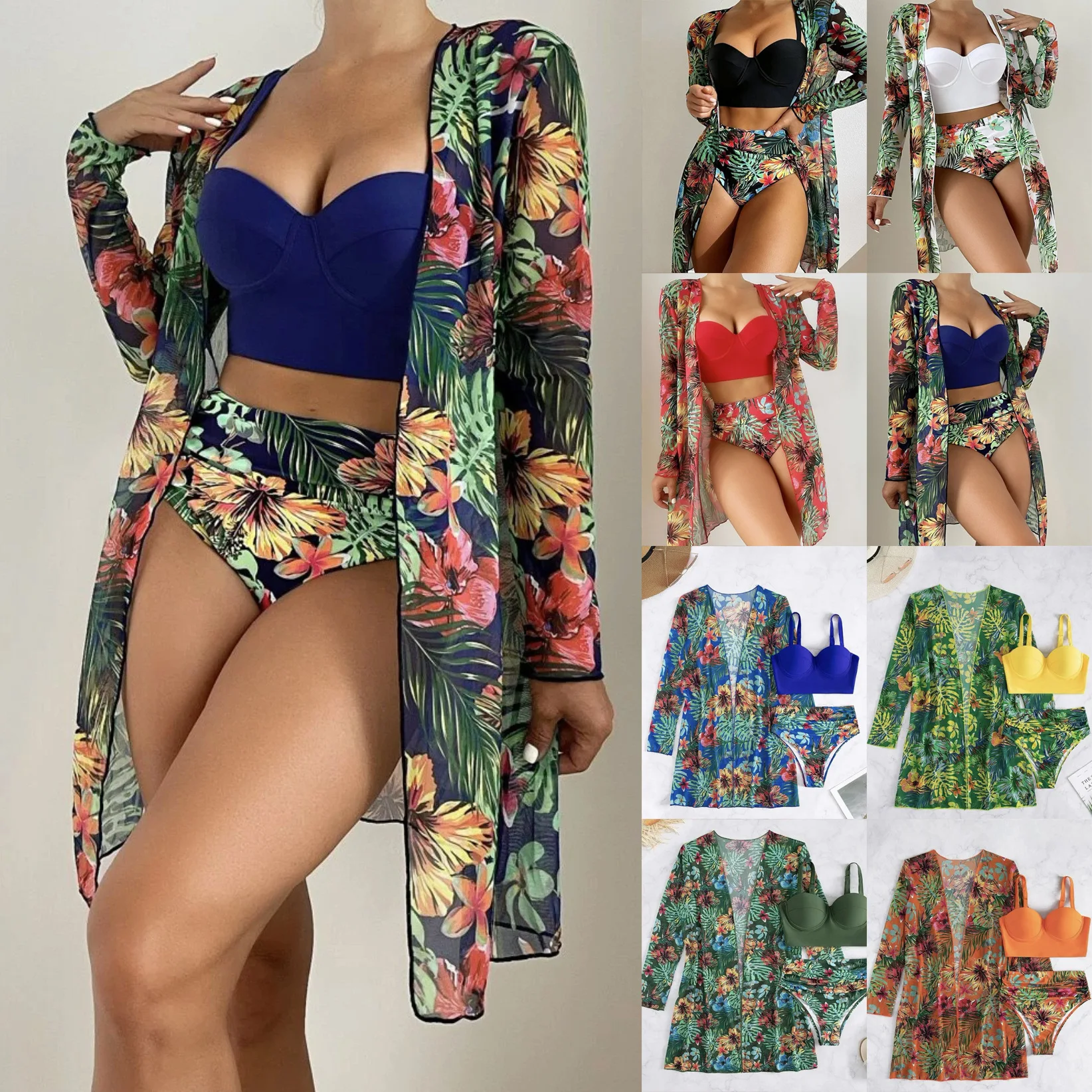 New summer women's sexy bikini mesh three piece set with gathered print split swimsuit