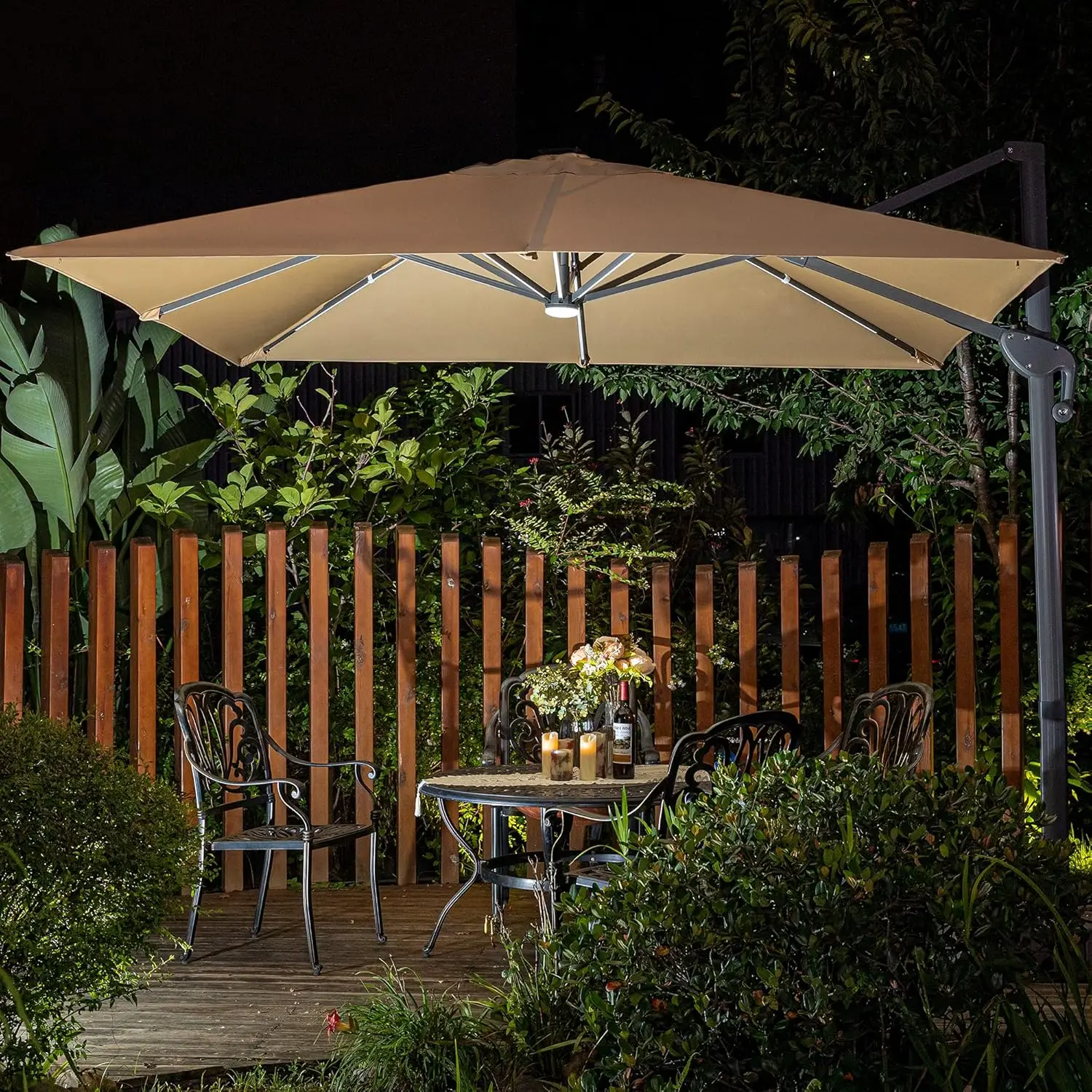 

10x10ft Solar Powered LED Cantilever Patio Umbrella Square Deluxe Offset Umbrella 360° Rotation & Integrated Tilting System