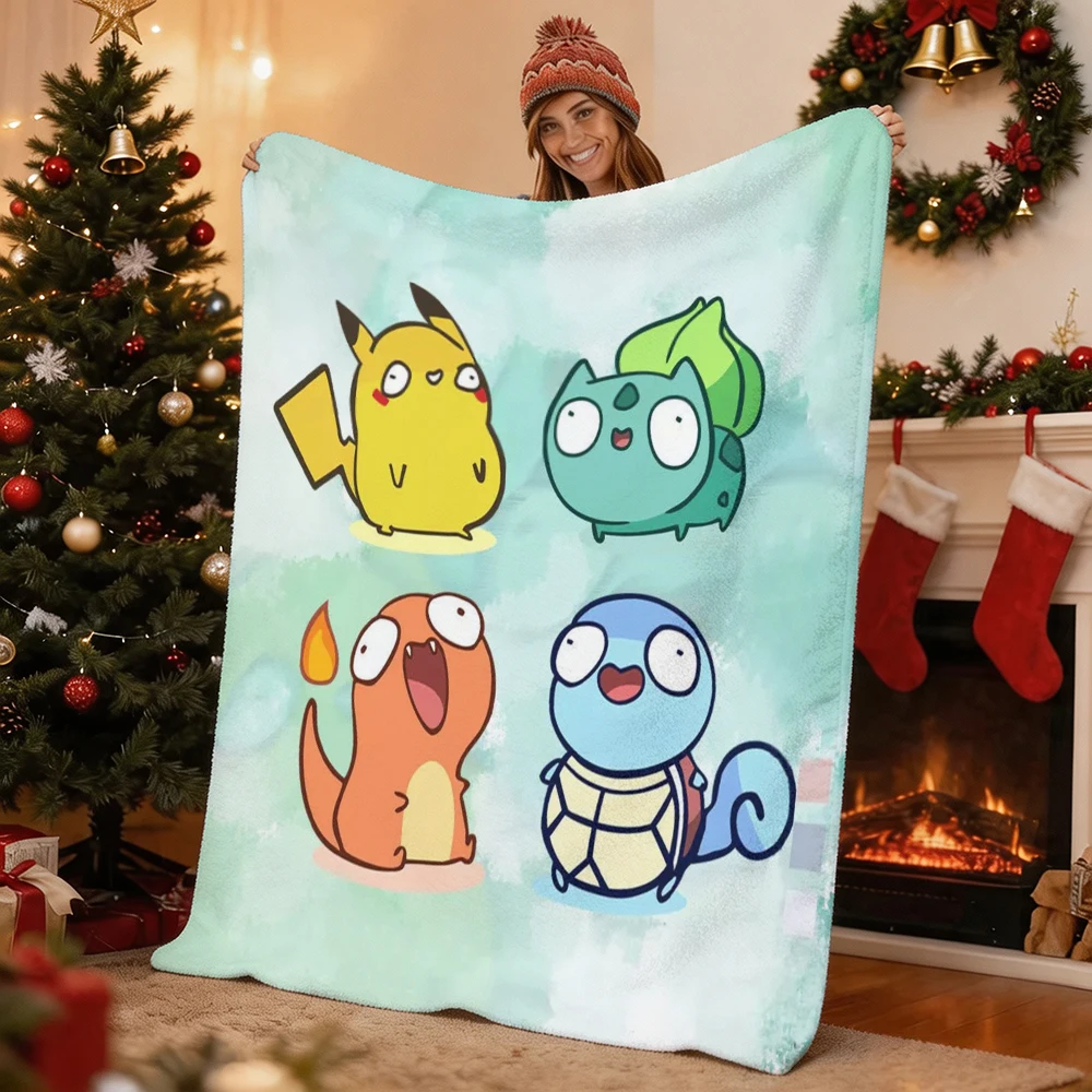 Pokemon Pikachu Bulbasaur Charmander Squirtle Flannel Throw Blanket Soft Cozy Lightweight Blanket for Sofa Bed Home Decor Gift