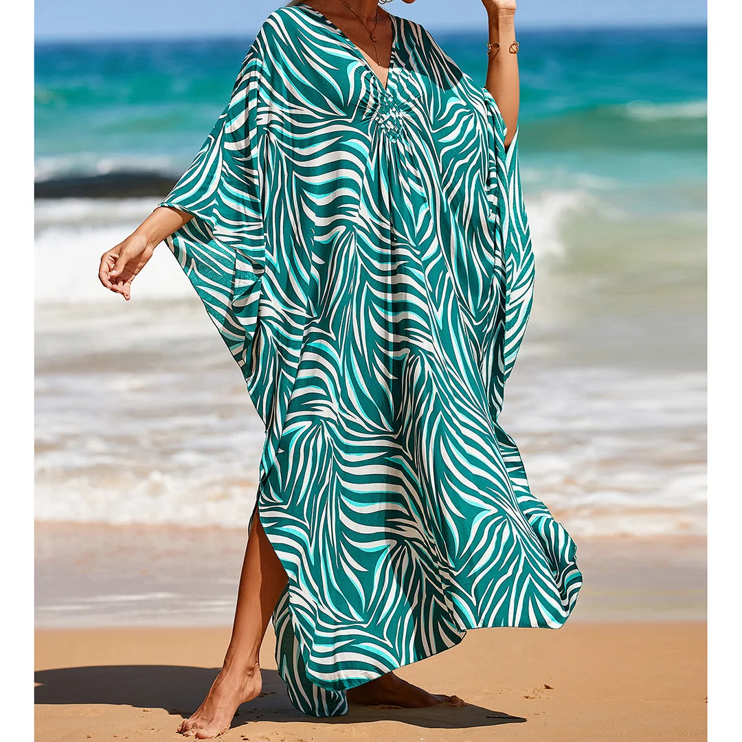 Sexy Tunika mit Zebra-Muster und V-Ausschnitt, Strandkleid, Strandmode, langes Strandkleid für Damen, V4159 – Detail 30