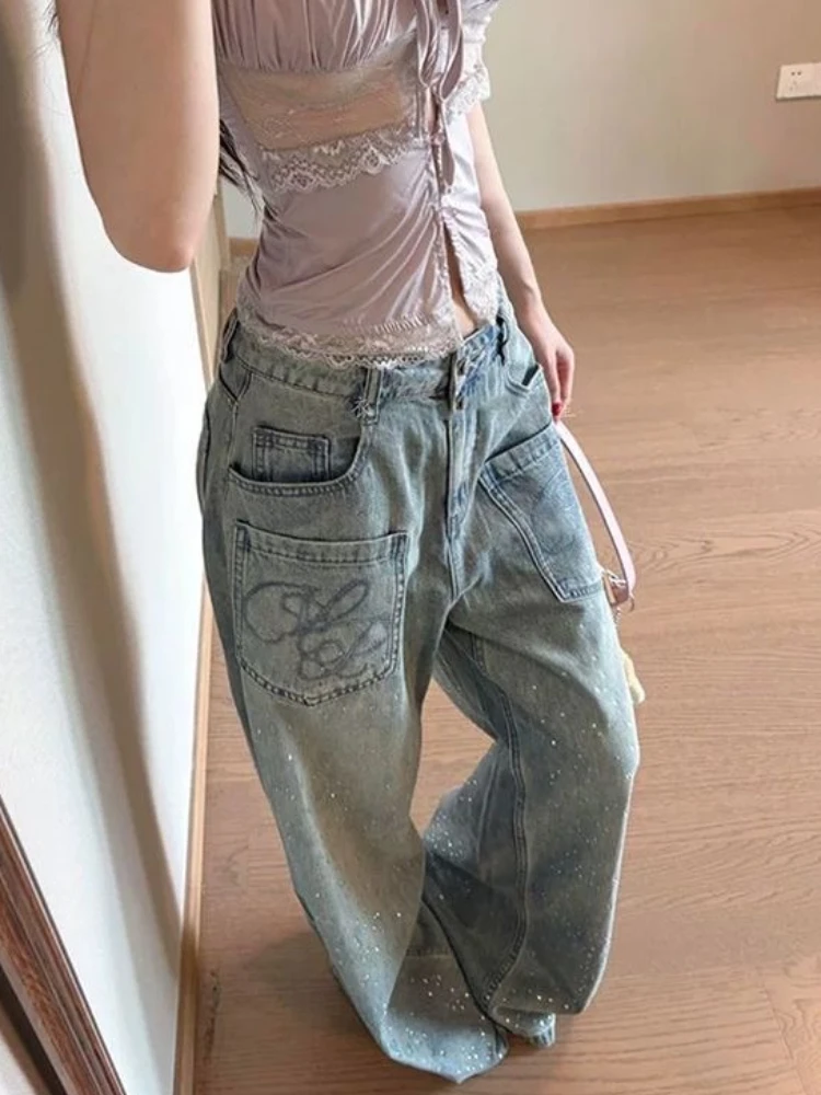 Women Light Blue Distressed Baggy Denim Pants High Waist Embroidery Pocket Gradient Rhinestone Scatter Wide Leg Y2K Street Jeans
