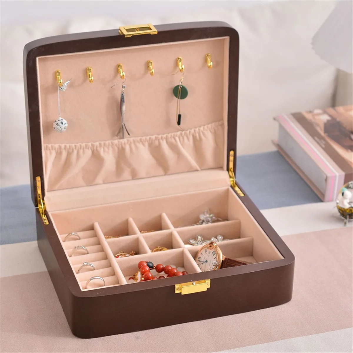 Solid Wood Jewelry Storage Box with Buckle,Flip-Top Multi-Compartment Jewelry Box,Jewelry Compartment Storage Box